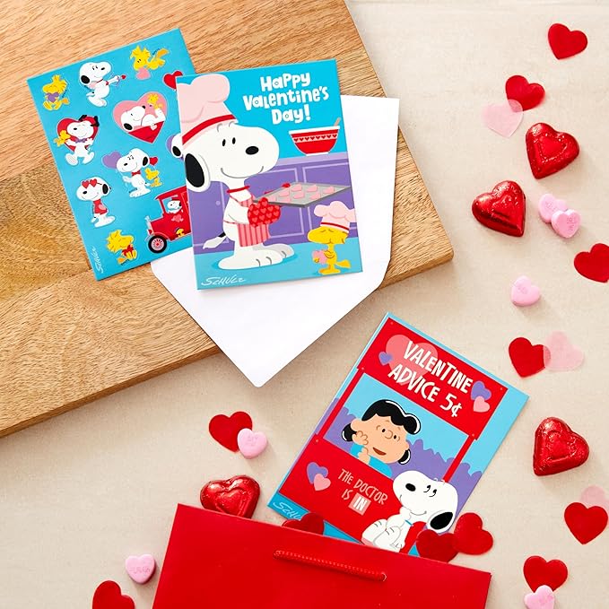 Hallmark Peanuts Valentines Day Cards and Stickers for Kids School, Snoopy and Lucy (24 Classroom Valentines with Envelopes)