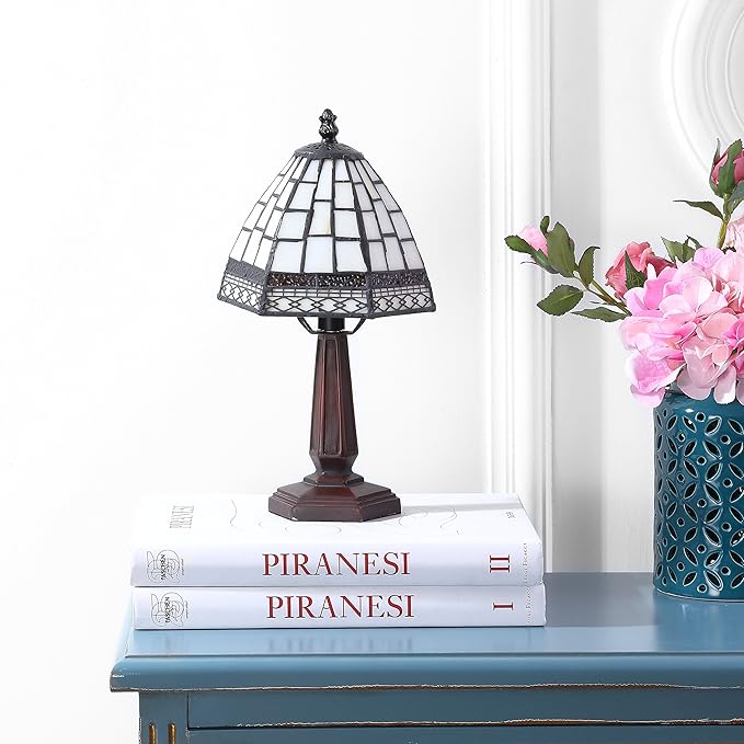JONATHAN Y 12" Brown Tiffany-Style Table Lamp for Bedroom Nightstand Decor, Ivory Cream Stained Glass Shade, Small Vintage Handcrafted LED Traditional Bedside Lamp JYL8016A