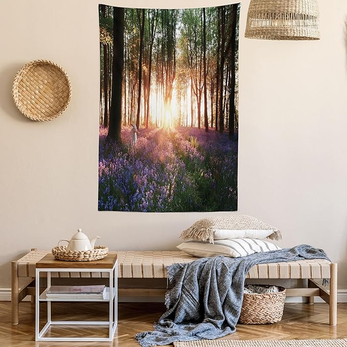 Ambesonne Forest Tapestry, Bluebell Woods Sunrise with White Rabbit Sunny Spring Day in Woodland, Fabric Wall Hanging Decor for Bedroom Living Room Dorm, 23" X 28", Purple Green