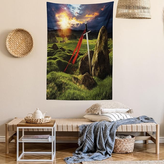 Ambesonne King Tapestry, Arthur Camelot Myth in England Ireland Fields Invincible Myth Image, Fabric Wall Hanging Decor for Bedroom Living Room Dorm, 23" X 28", Green Blue Red