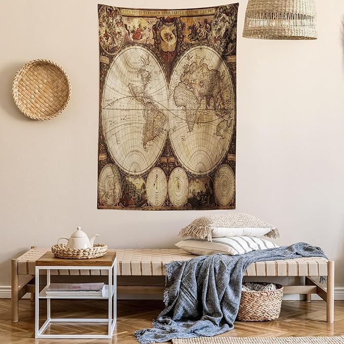 Ambesonne World Map Tapestry King Size, Old World Map Drawn in 1720s Nostalgic Style Art Historical Atlas Vintage Design, Wall Hanging Bedspread Bed Cover Wall Decor, 30" X 45", Multicolor