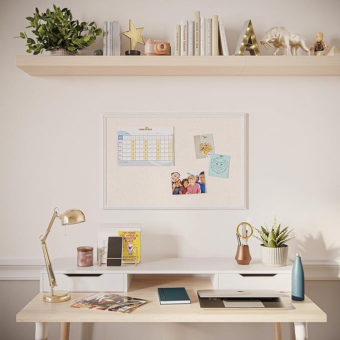 U Brands Farmhouse Linen Bulletin Board, 30" x 20", White Wood Frame, Wall Mounted Pin Board for Home Office, Classroom & Kitchen, Includes Push Pins