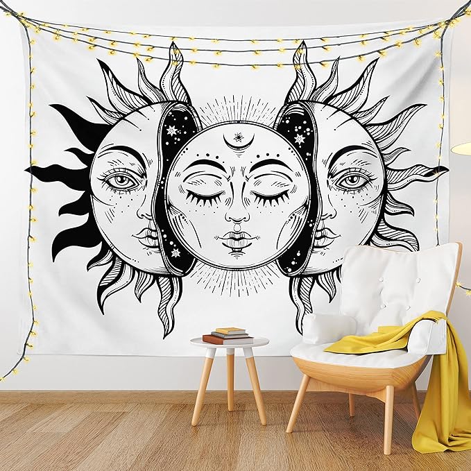 Ambesonne Moon Tapestry Twin Size, Monochrome Sun and Moon Pattern Oriental Image Culture Inspired Design Print, Wall Hanging Bedspread Bed Cover Wall Decor, 68" X 88", White Black