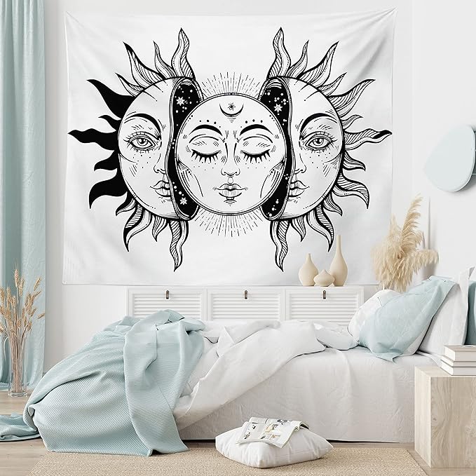 Ambesonne Moon Tapestry King Size, Monochrome Sun and Moon Pattern Oriental Image Culture Inspired Design Print, Wall Hanging Bedspread Bed Cover Wall Decor, 104" X 88", White Black