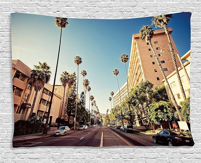Ambesonne Urban Tapestry, Street in Beverly Hills CaliforniPalm Trees Houses Famous City Photo, Wide Wall Hanging for Bedroom Living Room Dorm, 60" X 40", Pale Blue Peach Green
