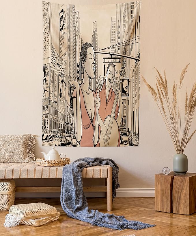 Ambesonne Jazz Music Tapestry, Singer Double-Bass Player in a Street of New York Urban Lifestyle Image, Fabric Wall Hanging Decor for Bedroom Living Room Dorm, 30" X 45", Brown Beige