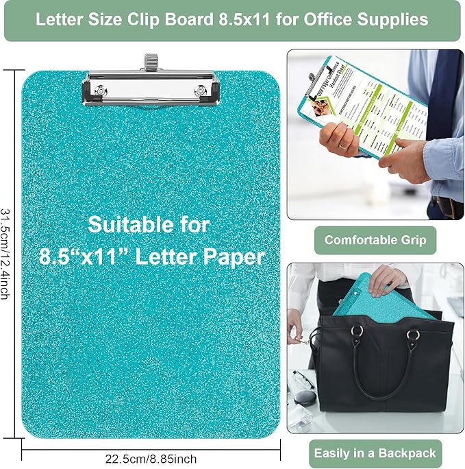 1 Pcs Clear Glitter Clipboards, Plastic Clipboard with Pen Holder,Size 8.85 x 12.4 in Shiny Clipboards with Low Profile Clip, Cute Hanging Clipboard for Office School Supplies Sparkly Clip board-Green