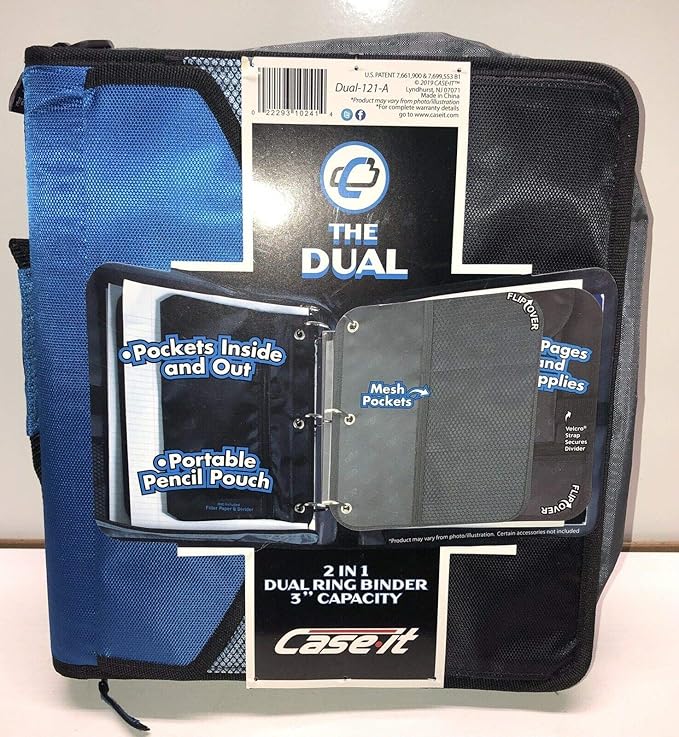 Case-it The Dual 2-in-1 Zipper - Two 1.5 Inch D-Rings - Includes Pencil Pouch - Multiple Pockets - 600 Sheet Capacity - Comes with Shoulder Strap -Dual-121-A-Blue