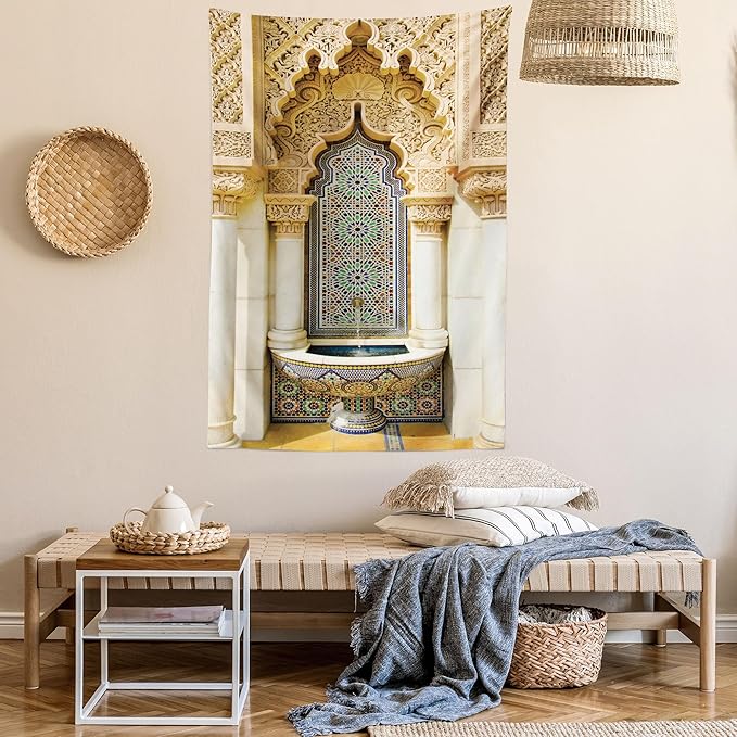 Ambesonne Moroccan Tapestry, Vintage Building Design Art Historic Exterior Facade with Mosaic Print, Fabric Wall Hanging Decor for Bedroom Living Room Dorm, 23" X 28", Ivory Pale Brown Blue