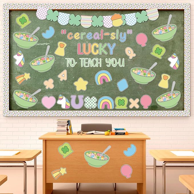 St. Patrick's Day Bulletin Board - 137pcs Cereal-sly Lucky Charms Cutout with Banner Decor Set, Shamrock Rainbow Clover Chalkboard Classroom Wall Accents Ideas Kits for Irish Day Party Supplies