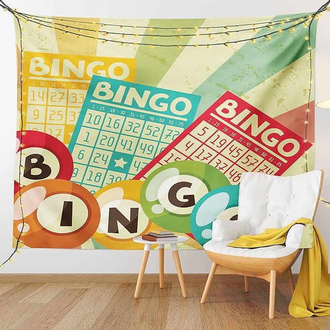 Ambesonne Vintage Tapestry, Bingo Game with Ball and Cards Pop Art Lottery Hobby Celebration Theme, Fabric Wall Hanging Decor for Bedroom Living Room Dorm, 28" X 23", Teal Multicolor