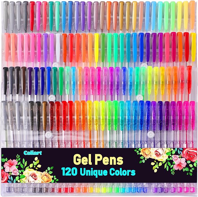 Caliart 120 Colors Gel Pens, Colored Neon Glitter Pen Set for Coloring Books, 40% More Ink Fine Point, Gifts for Adults Drawing Journaling Scrapbook Art Supplies