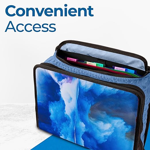 Case-it Mighty Zip Tab School Zipper Binder | 3-Inch O-Rings, 600-Sheet Capacity, 5-Subject Expanding File Folder, Multiple Pockets & Storage Organizer, Shoulder Strap | D-146 Glacier