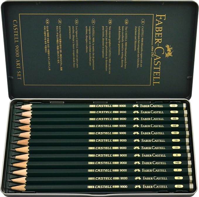 Faber-Castell Castell 9000 Art - Set of 12 (8B, 7B, 6B, 4B, 2B, B, HB, F, H, H & 2H)