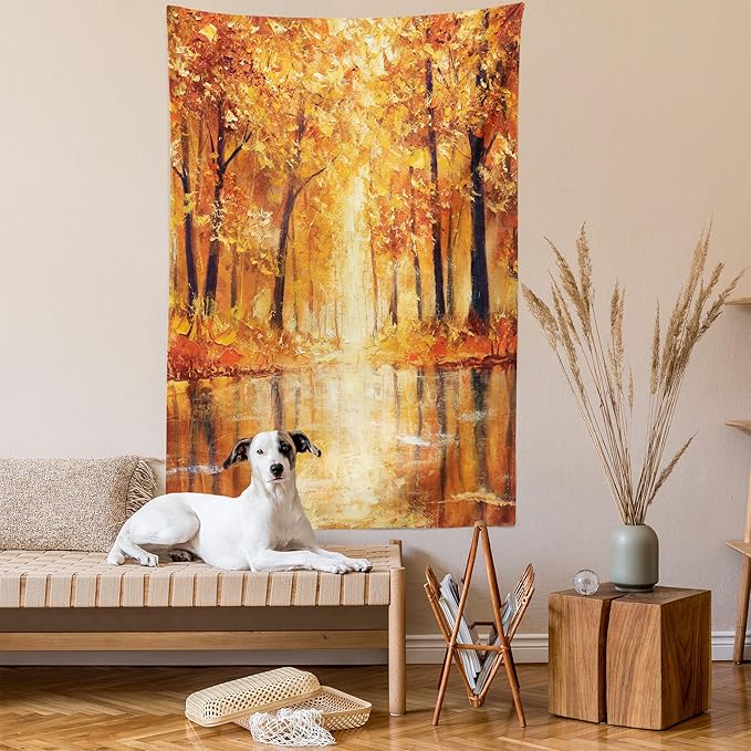 Ambesonne Country Tapestry, Painting of a Forest by The Small Lake in Autumn Pale Fall Trees and Leaves Art, Wall Hanging for Bedroom Living Room Dorm Decor, 40" X 60", Brown Orange