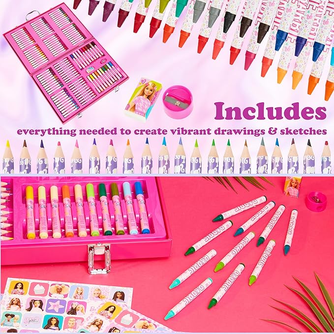 Barbie Colored Pencils Art Supplies Kids Set 130+ Pcs Coloring Markers Girls Drawing Pencils Supplies Travel Case with Crayons Felt Tips Arts and Crafts for Kids 4-12
