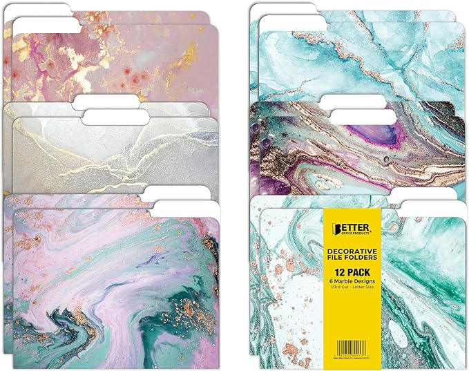 Better Office Products Decorative File Folders, 12 Pack, 6 Designs, Heavyweight, Letter Size (9.5" x 11.5") with 1/3 Cut Tab, Marble Designs, Fashion Folders