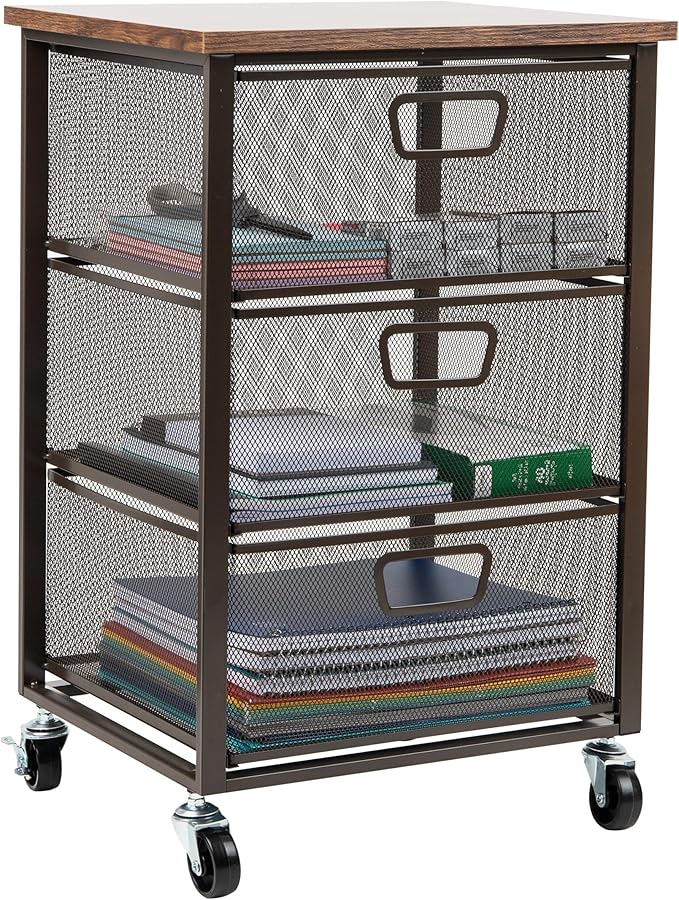 Mind Reader 3-Drawer Storage Organizer, Office Organizer with Wood Top, Multipurpose Portable Cabinet with Removable Wheels, Metal Mesh, Black