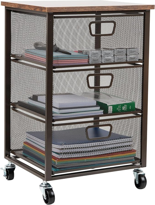 Mind Reader 3-Drawer Storage Organizer, Office Organizer with Wood Top, Multipurpose Portable Cabinet with Removable Wheels, Metal Mesh, Black