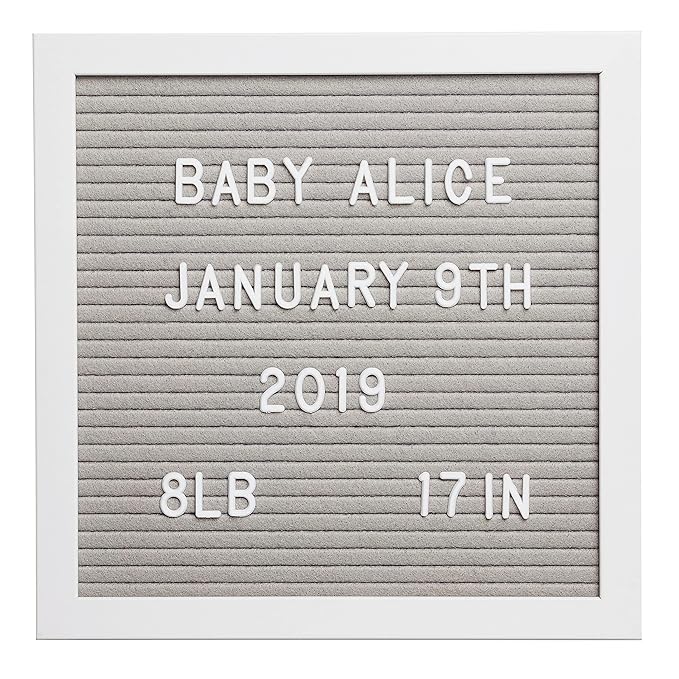 Pearhead Classic Wooden Letterboard, Gender-Neutral Baby Keepsake Nursery Décor, Photo Prop Message Board, Gray and White