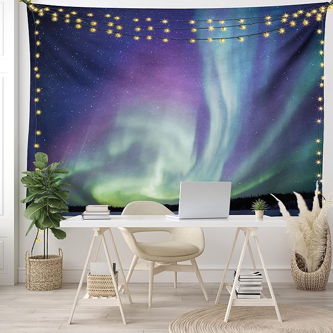Ambesonne Aurora Borealis Tapestry, Exquisite Atmosphere Solar Starry Sky Calming Night Image, Fabric Wall Hanging Decor for Bedroom Living Room Dorm, 45" X 30", Dark Blue Mint Green