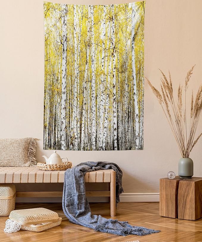 Ambesonne Forest Tapestry Queen Size, Autumn Birch Forest Golden Yellow Leaves Woodland October Seasonal Nature Picture, Wall Hanging Bedspread Bed Cover Wall Decor, 88" X 88", Yellow Grey