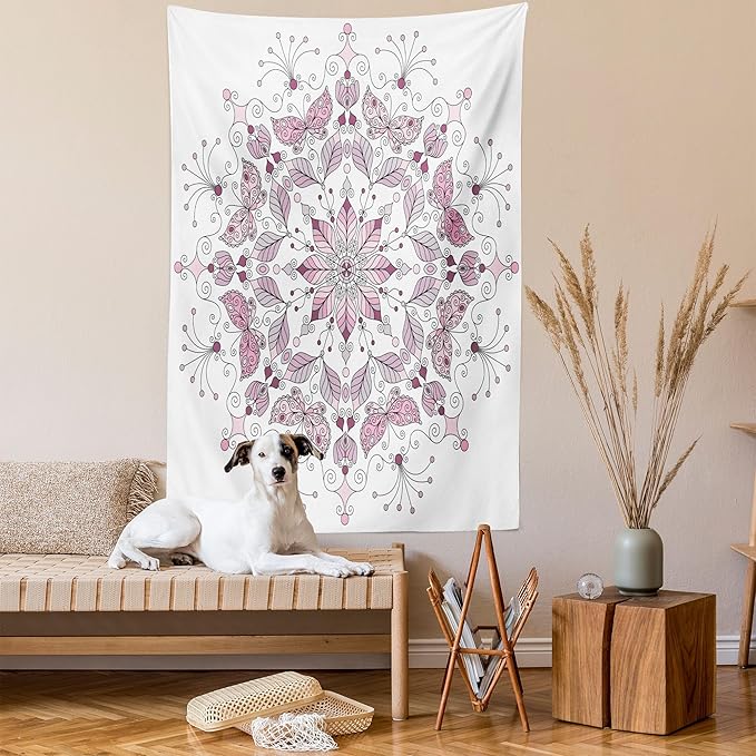 Ambesonne Mandala Tapestry Queen Size, Lacy Inspired Pastel Floral Motif with Butterfly and Lotus Branches Design, Wall Hanging Bedspread Bed Cover Wall Decor, 88" X 88", White Pale Pink