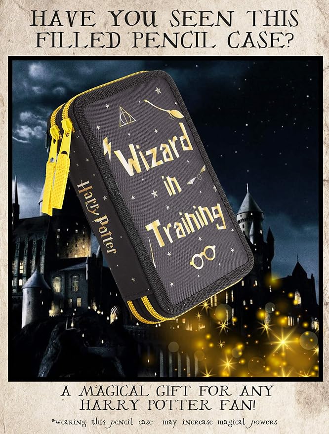 Harry Potter Gifts Pencil Case with Secret Light Wand Pen, Large Double Zip Organizer Filled with School Art Supplies for Kids, Boys and Girls (Black/Yellow)
