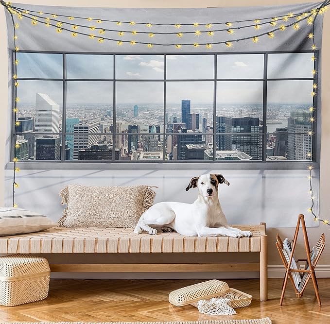 Ambesonne City Tapestry, Clean Office with Big Window Downtown Skyscraper Buildings Domestic Cityscape Art, Fabric Wall Hanging Decor for Bedroom Living Room Dorm, 30" X 45", Grey White