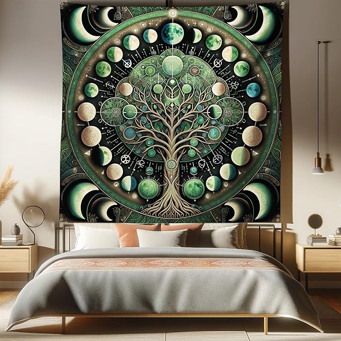 Ambesonne Green Tapestry Queen Size, Moon Phases Around a Tree of Life Enhance Night Boho Astrology Design Print, Wall Hanging Bedspread Bed Cover Wall Decor, 88" X 88", Black Ecru and Blue