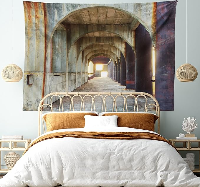 Ambesonne Urban Tapestry, Corridor of Concrete Pillars Structure Urban Industrial Rustic Style Art, Wide Wall Hanging for Bedroom Living Room Dorm, 60" X 40", Brown Purple