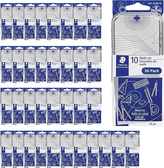 STAEDTLER 10-Piece Math Set with Metal Compass 36-Pack (36 Sets of 10 pcs), 6" Ruler & Triangle Squares, 45° & 30/60° Set Squares, Alphabet Stencil - Measuring Tools, 360 Count