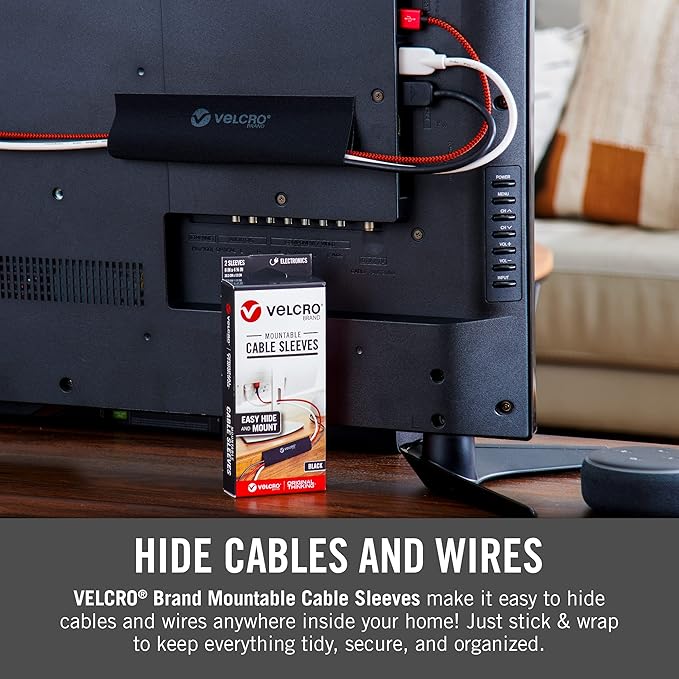 VELCRO Brand Mountable Cable Sleeve | Cord Management Mounts on Walls, Desk or Entertainment Center | Removable Adhesive is Damage Free | 8in Black, 2pk, 8in - 2Pk