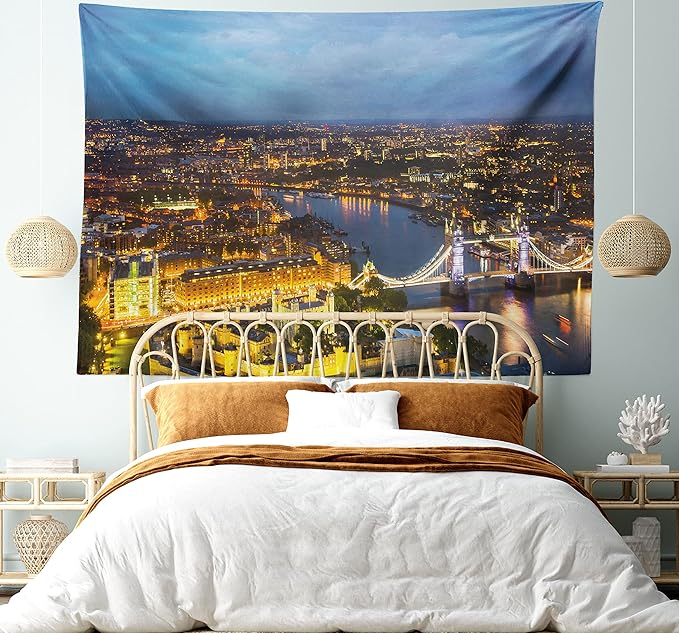 Ambesonne Modern Tapestry Twin Size, Sunset at London England Cityscape Night Time and Tower Bridge Landmark Urban, Wall Hanging Bedspread Bed Cover Wall Decor, Twin Size, Yellow Bluegrey