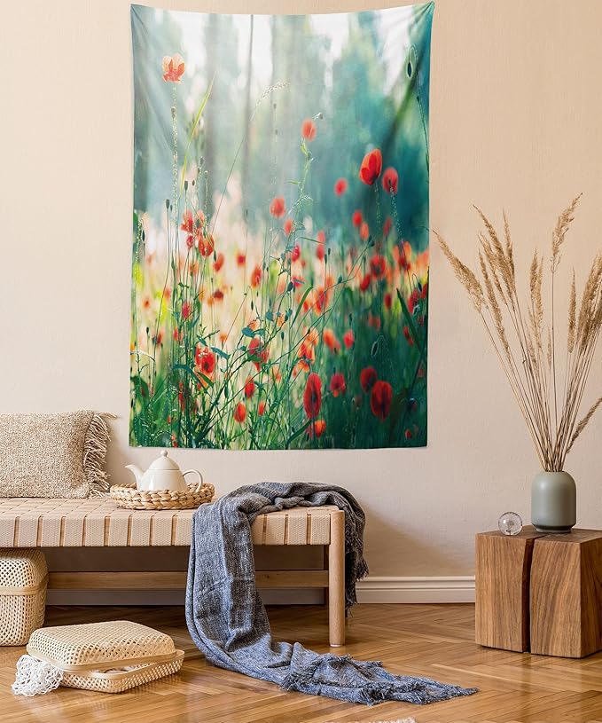 Ambesonne Nature Tapestry Queen Size, Wild Red Poppy Flowers Field Summertime Sunbeams Gardening Bedding Plants, Wall Hanging Bedspread Bed Cover Wall Decor, 88" X 88", Red Green Yellow