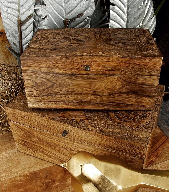 Deco 79 Mango Wood Floral Handmade Decorative Box Decorative Keepsake Boxes with Hinged Lid, Set of 3 Storage Boxes 8", 10", 12"W, Brown