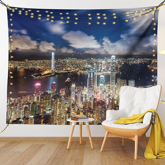 Ambesonne Cityscape Tapestry, Night View Hong Kong Victoria Harbor Business Financial District Cityscape Print, Fabric Wall Hanging Decor for Bedroom Living Room Dorm, 28" X 23", White Indigo
