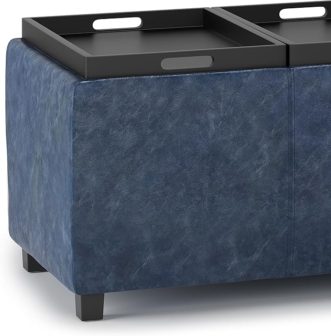 SIMPLIHOME Avalon Storage Ottoman - 42 inch Wide Upholstered Vegan Leather Rectangular Flip-Top Ottoman in Denim Blue, Contemporary Coffee Table Ottoman for Living Room with Hidden Storage