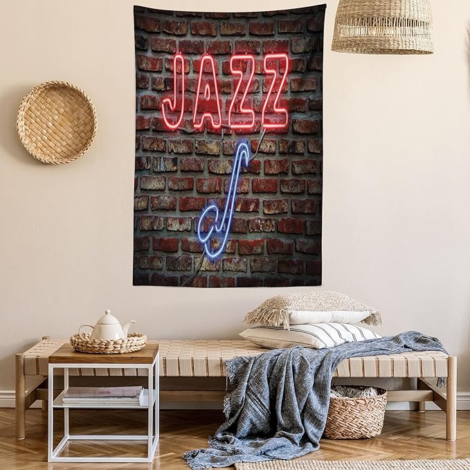 Ambesonne Music Tapestry Queen Size, Image of Alluring Neon All Jazz Sign Saxophone Instrument on Brick Wall Print, Wall Hanging Bedspread Bed Cover Wall Decor, 88" X 88", Red Blue