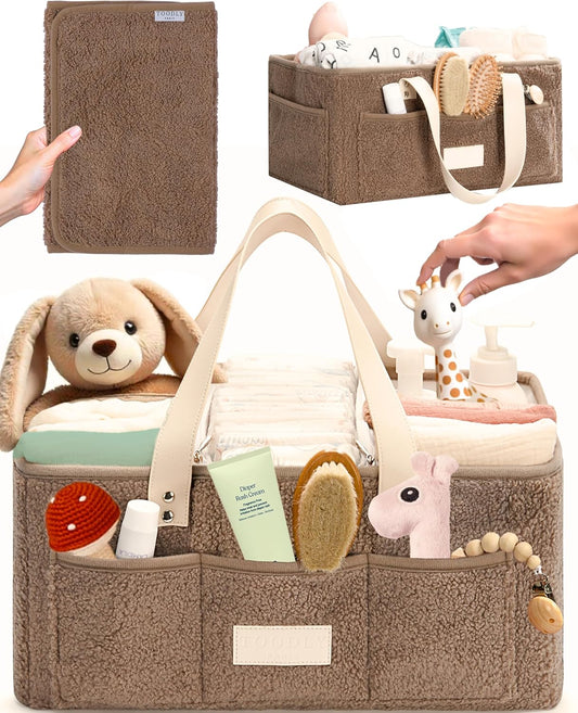 Baby Diaper Caddy Organizer with Portable Changing Mat - Teddy Fleece Diaper Organizer for Changing Table - Basket for Changing Essentials - Baby Essentials Organizer with Removable Dividers