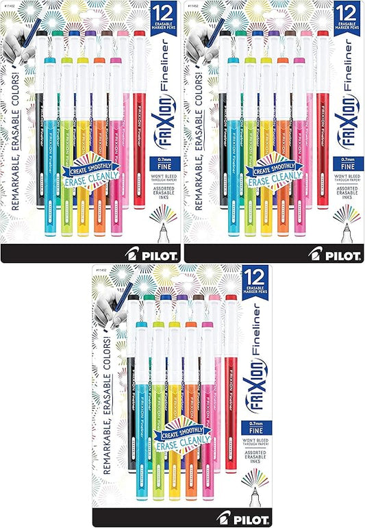 PILOT FriXion Fineliner Erasable Marker Pens, Fine Point, Assorted Color Inks, 12-Pack (11452), Pack of 1
