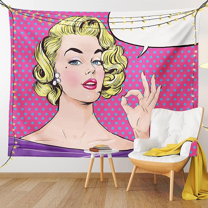 Ambesonne Vintage Tapestry King Size, Pop Art Blonde Woman Making OK Sign on Dotted Background Retro Comic Book Design, Wall Hanging Bedspread Bed Cover Wall Decor, 104" X 88", Pink Blue