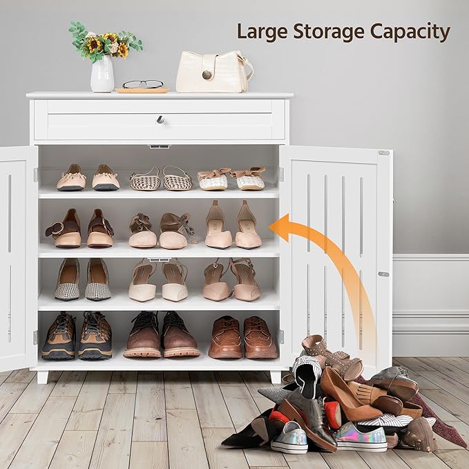 Yaheetech Shoe Cabinet, 4-Tier Shoe Storage Cabinet with Drawer & Adjustable Shelves, Wooden Shoe Rack Organizer with Louvered Doors for Entryway, Hallway, Closet, Living Room, White