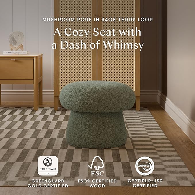 Babyletto Kids Mushroom Pouf - Ottoman Foot Rest - Poofy Plush Teddy Loop Round Footrest Stool for Couch - GREENGUARD Certified Soft & Stuffed, Comfy Pouf Ottoman for Living Room & Nursery Floor, Sage