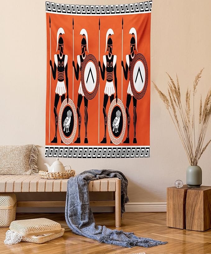Ambesonne Retro Tapestry Queen Size, Historical in Greece Theme Cultures, Wall Hanging Bedspread Bed Cover Wall Decor, 88" X 88", Orange Black White