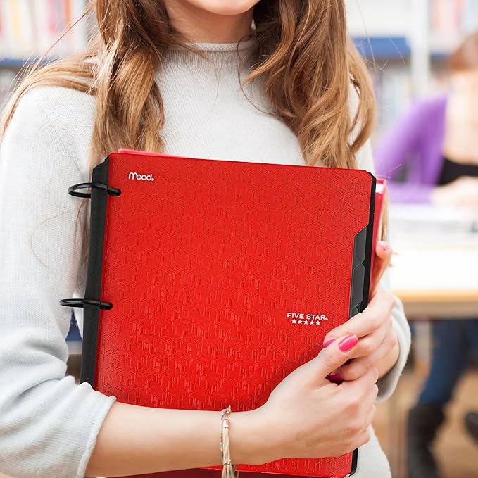 Five Star Flex Refillable Notebook + Study App, College Ruled Paper and 1-1/2 Inch TechLock Ring Binder with Pockets, Tabs and Dividers, 300 Sheet Capacity, Fire Red (29324AB2)
