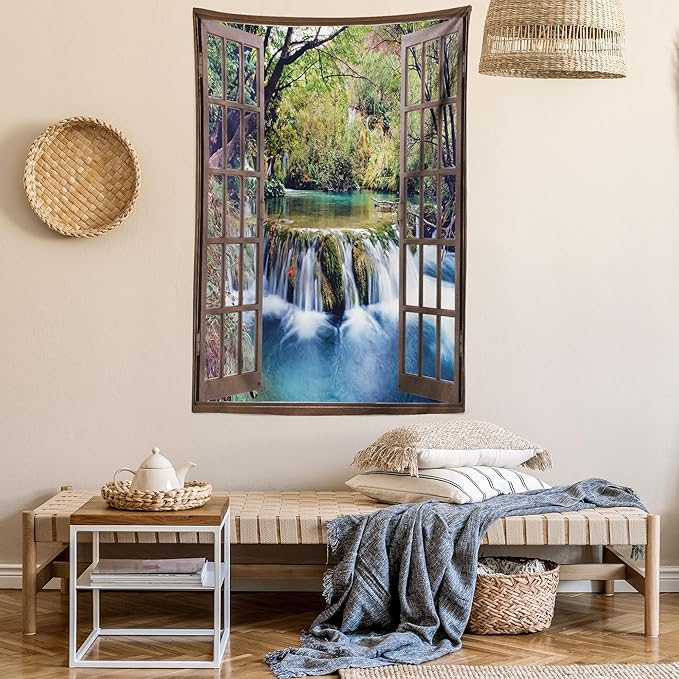 Ambesonne Waterfall Tapestry, Wide Waterfall Deep down in the Forest Seen from a City Window Epic Surreal Print, Fabric Wall Hanging Decor for Bedroom Living Room Dorm, 23" X 28", Brown Black
