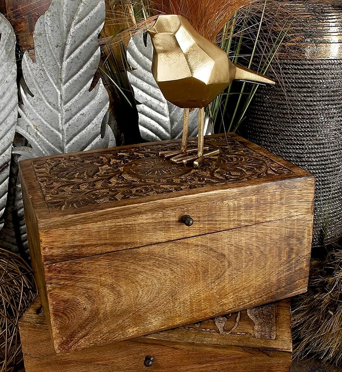 Deco 79 Mango Wood Floral Handmade Decorative Box Decorative Keepsake Boxes with Hinged Lid, Set of 3 Storage Boxes 8", 10", 12"W, Brown