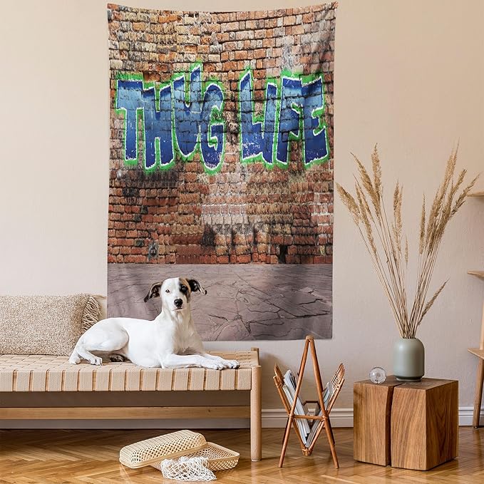 Ambesonne Thug Life Tapestry Twin Size, Graffiti Style Words on a Brick Wall Street Urban Art Hip Hop Rap Culture Theme, Wall Hanging Bedspread Bed Cover Wall Decor, 68" X 88", Brown Blue
