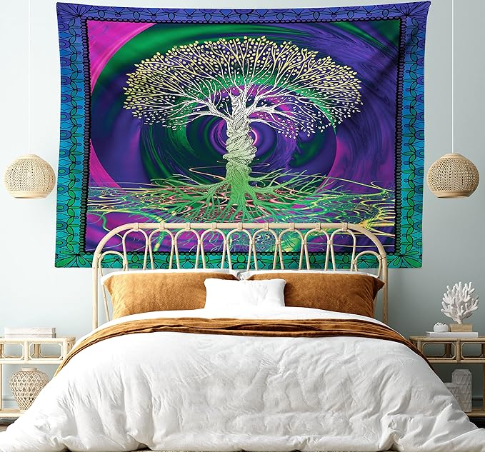 Ambesonne Nature Tapestry, Digital Psychedelic Tree of Life Turning Gothic Background Mystery Display, Fabric Wall Hanging Decor for Bedroom Living Room Dorm, 28" X 23", Fuchsia Purple